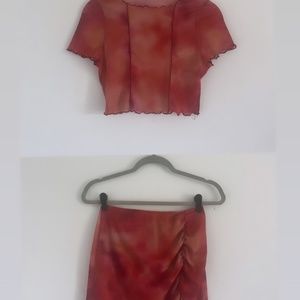 Sheer Pink/Orange Cropped Tee and Mini Skirt Set